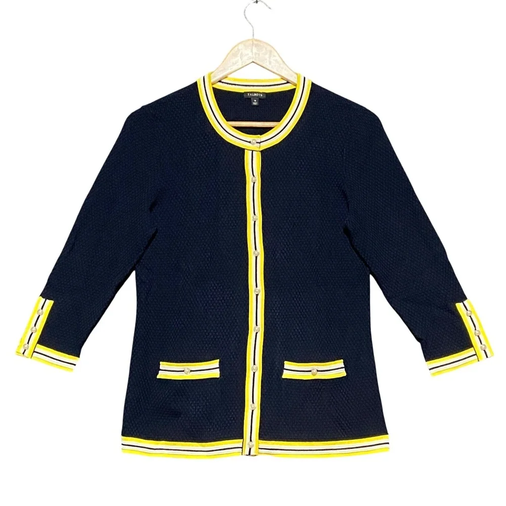 Talbots Women's Navy Blue Textured Knit Cardigan Gold Button Striped Trim Size M